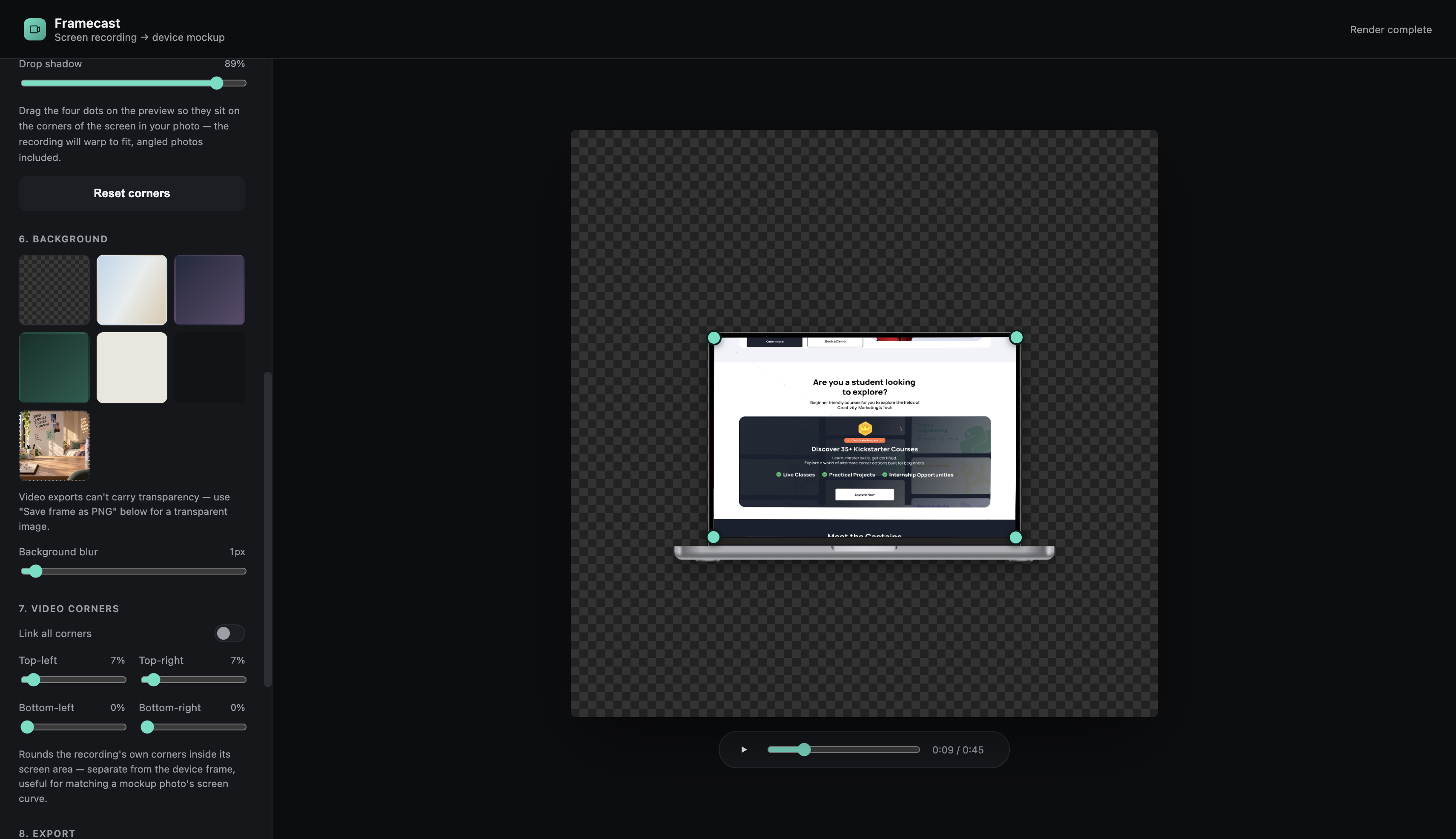 Framecast video mockup app preview