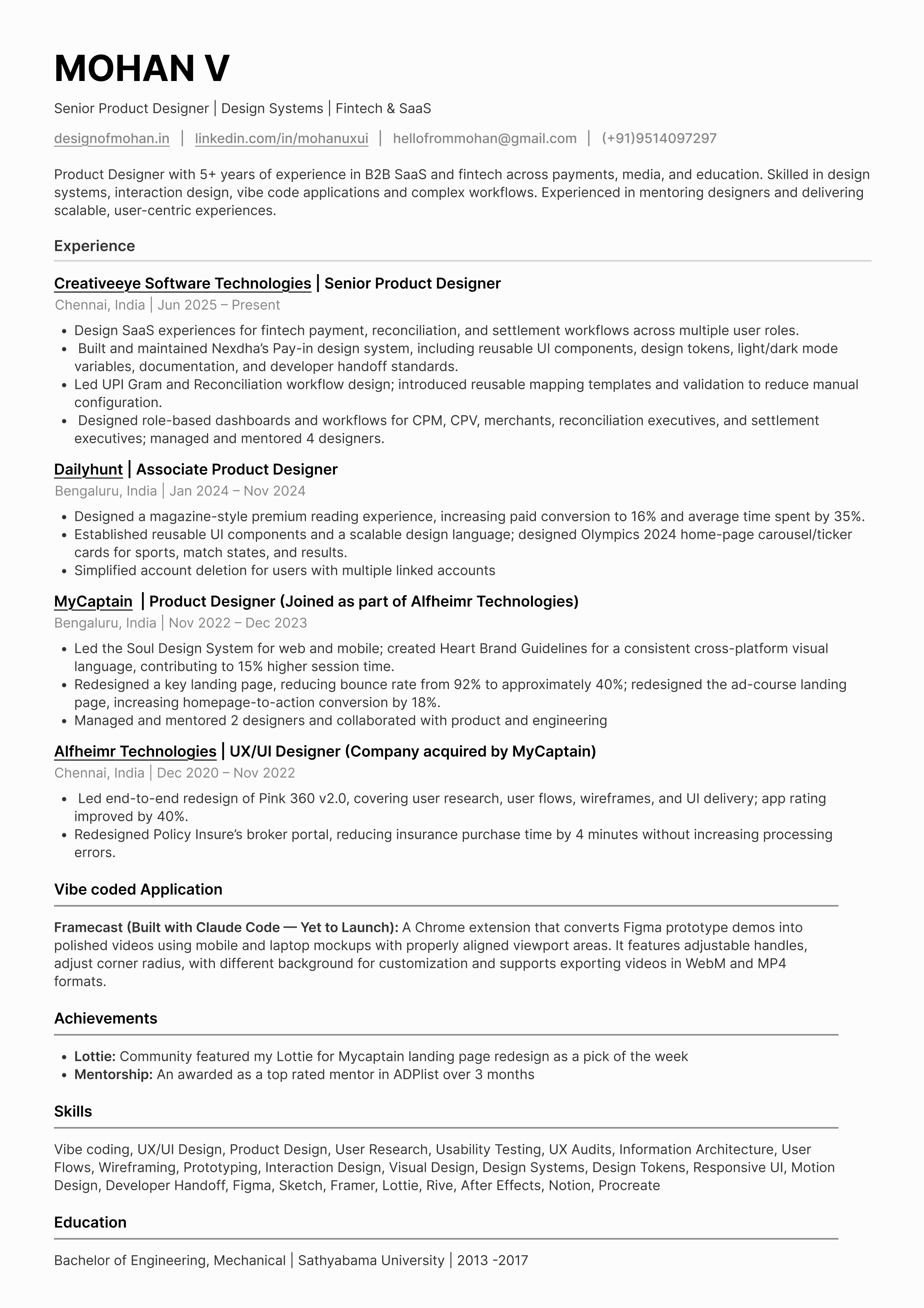 Mohan V, Senior Product Designer resume
